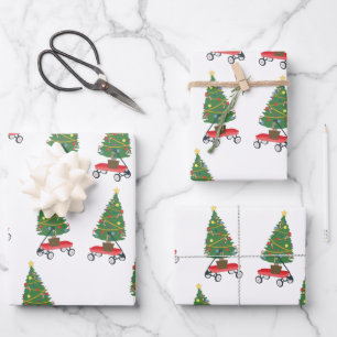 Wagon Christmas Tree Wrapping Paper Sheet