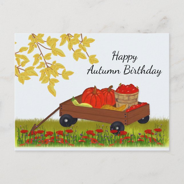 Wagon Filled with Fall Produce, Autumn Birthday Postcard (Front)