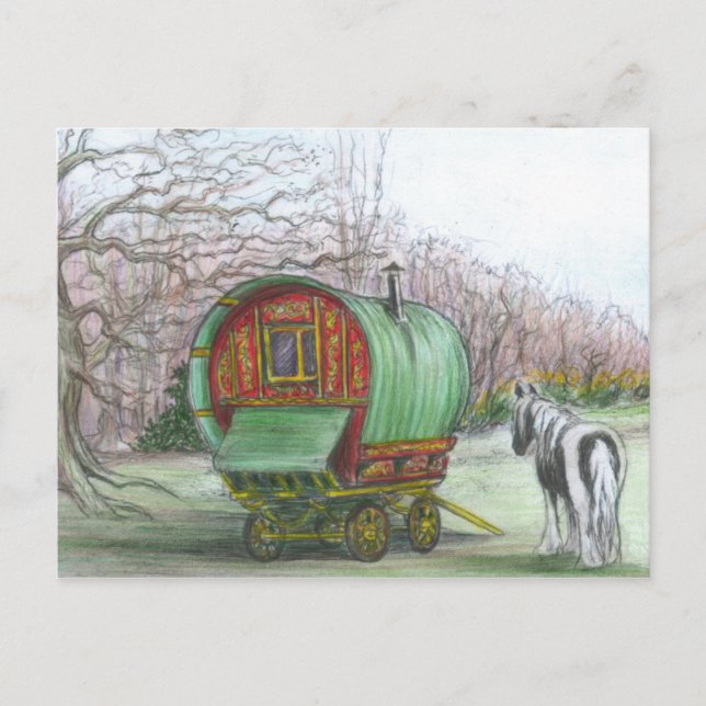 Wagon tzigane et carte postale (Devant)