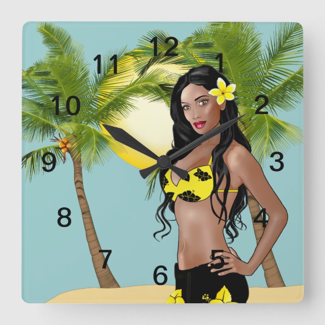 Wahine Pin-up Wall Clock Day Square (Front)