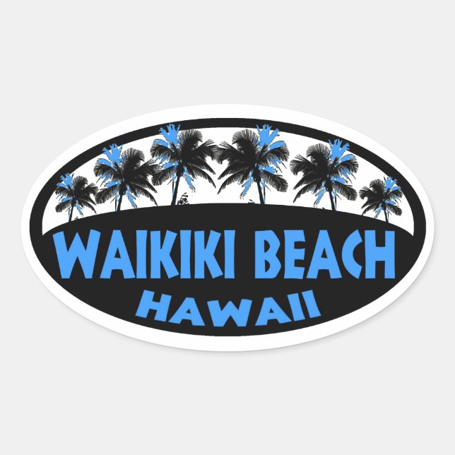 Waikiki Beach Hawaii blue black palms oval sticker (Front)