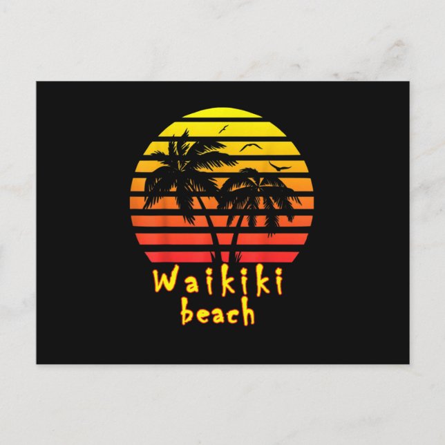 Waikiki beach hawaii honolulu vintage sunset palm postcard (Front)