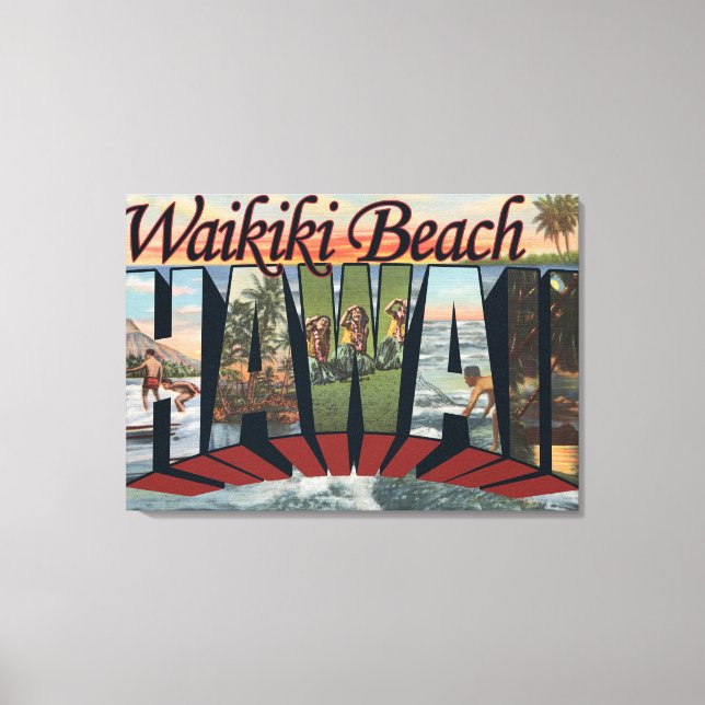 Waikiki Beach, Hawaii - Large Letter Scenes Canvas Print (Front)