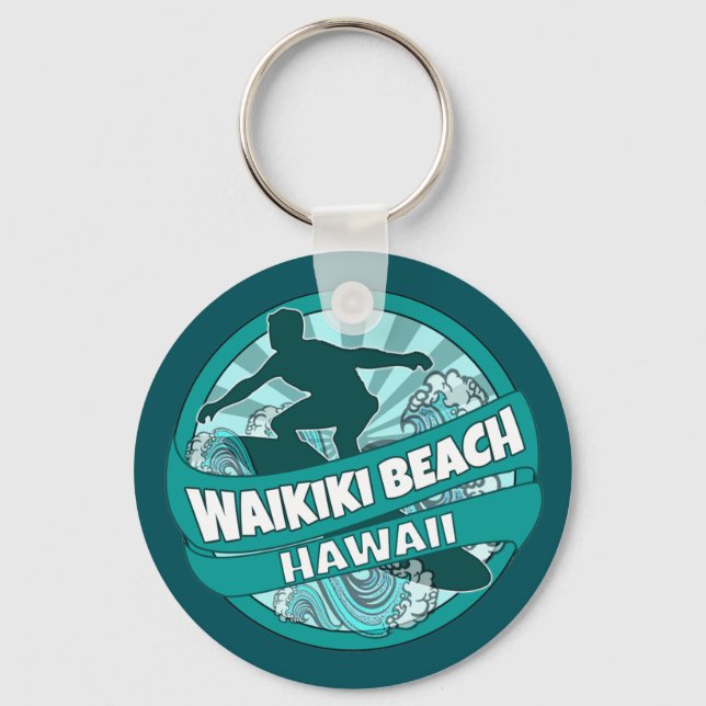 Waikiki Beach Hawaii teal surfer logo keychain (Front)