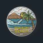 Waikiki Beach Hawaii Vintage 2 Inch Round Button<br><div class="desc">Waikiki Beach hand drawn illustration with mountains and ocean waves in the background. Perfect for anyone who loves to visit Waikiki Beach.</div>