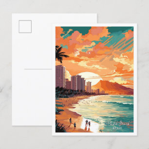 Waikiki Beach Hawaii Vintage Travel Illustration Postcard
