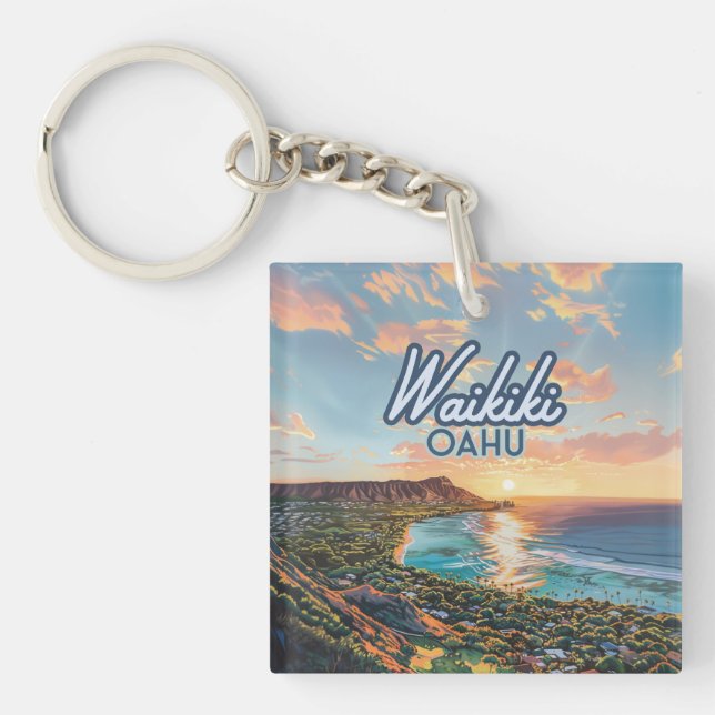 Waikiki Beach Honolulu Oahu Hawaii Retro Keychain (Front)