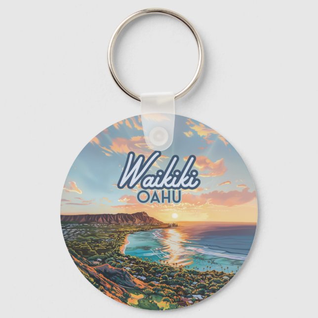Waikiki Beach Honolulu Oahu Hawaii Retro Keychain (Front)
