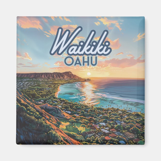 Waikiki Beach Honolulu Oahu Hawaii Retro Magnet (Front)