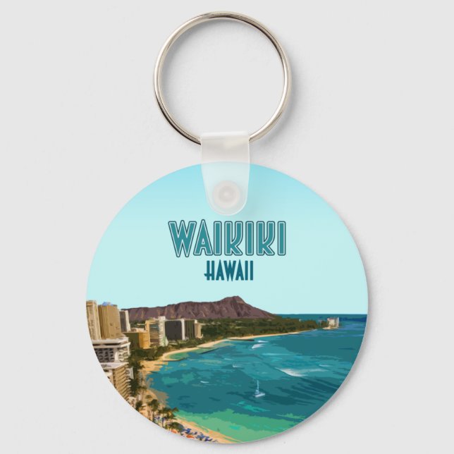 Waikiki Beach Honolulu Oahu Hawaii Vintage Keychain (Front)