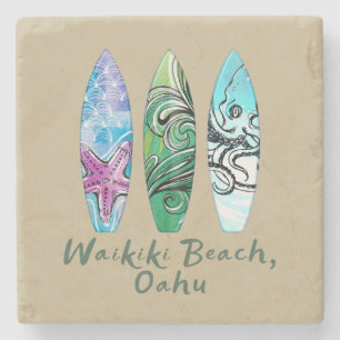 Waikiki Beach Oahu Watercolor Surfboards Stone Coaster