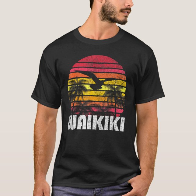 Waikiki Hawaii 70s 80s Surf Surfing Beach T-Shirt (Front)