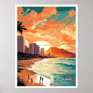 Waikiki Hawaii Art vintage travel illustration Poster