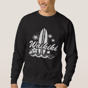 Waikiki Hawaii Beach With Surfboard Distressed Sweatshirt