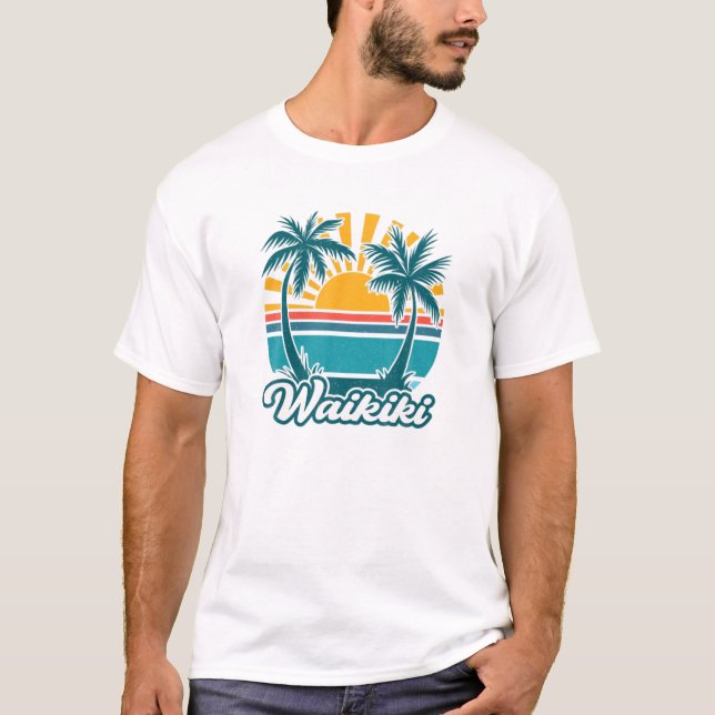 Waikiki Hawaii HI Hawaiian Palm Tree Beach Aloha V T-Shirt (Front)