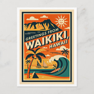Waikiki Hawaii Retro Travel Postcard