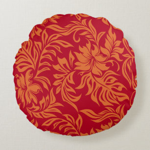 Waikiki Hibiscus Hawaiian Pareau Floral Round Pillow