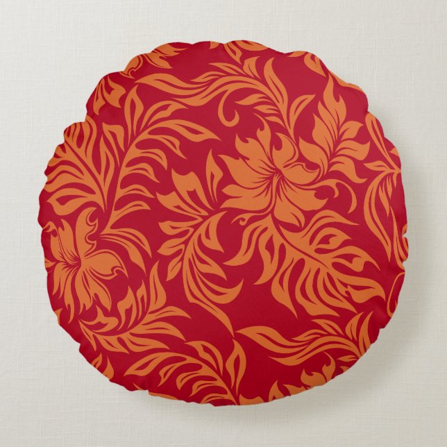 Waikiki Hibiscus Hawaiian Pareau Floral Round Pillow (Front)