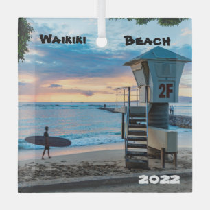 Waikiki O'ahu, Queen's Beach, Glass Ornament