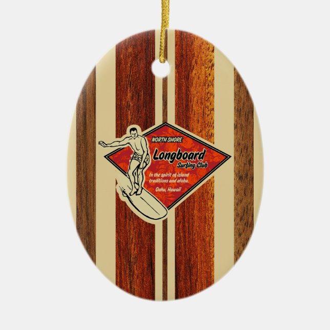 Waimea Surfboard Hawaiian Faux Wood Ceramic Ornament (Front)