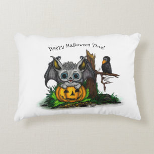 Waiting for Halloween , Cute Bat and Raven Accent Pillow