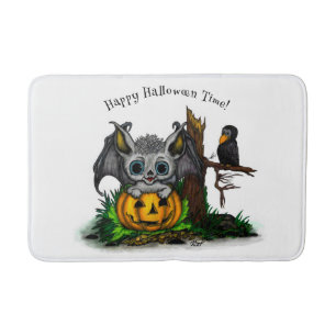 Waiting for Halloween , Cute Bat and Raven Bath Mat