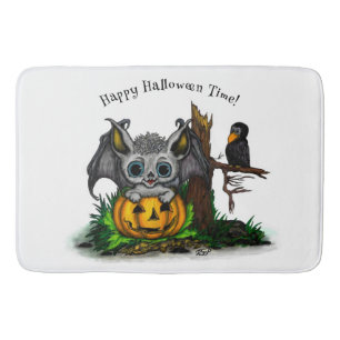 Waiting for Halloween , Cute Bat and Raven Bath Mat