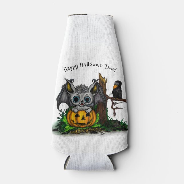 Waiting for Halloween , Cute Bat and Raven Bottle Cooler (Front)