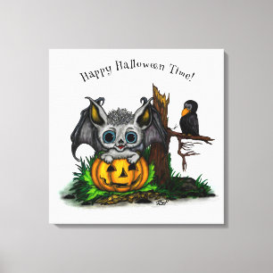 Waiting for Halloween , Cute Bat and Raven Canvas Print