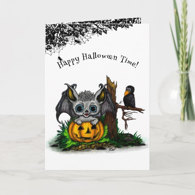 Waiting for Halloween , Cute Bat and Raven Card (Front)