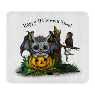 Waiting for Halloween , Cute Bat and Raven Cutting Board