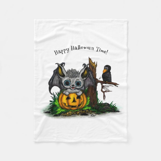 Waiting for Halloween , Cute Bat and Raven Fleece Blanket (Front)