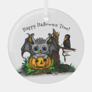Waiting for Halloween , Cute Bat and Raven Glass Ornament