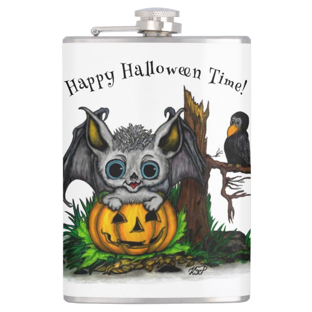 Waiting for Halloween , Cute Bat and Raven Hip Flask (Front)