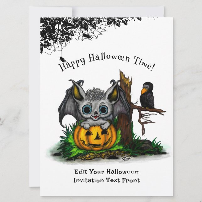Waiting for Halloween , Cute Bat and Raven Invitation (Front)