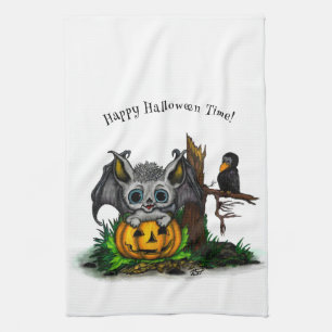 Waiting for Halloween , Cute Bat and Raven Kitchen Towel