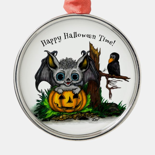 Waiting for Halloween , Cute Bat and Raven Metal Ornament (Front)