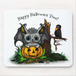 Waiting for Halloween , Cute Bat and Raven Mouse Pad