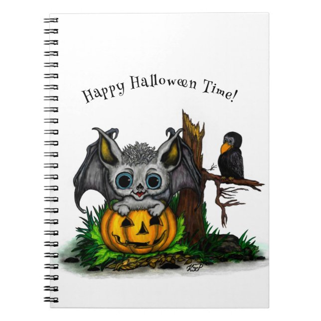 Waiting for Halloween , Cute Bat and Raven Notebook (Front)