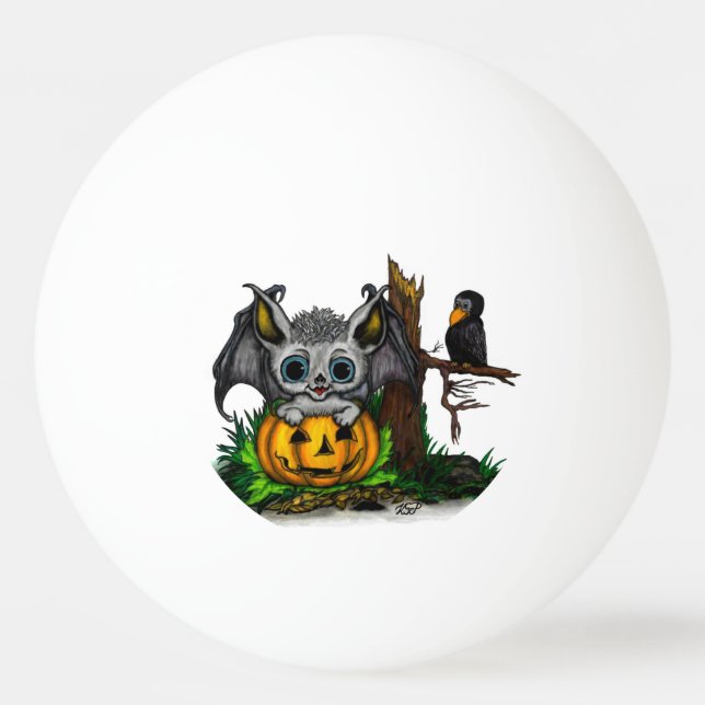 Waiting for Halloween , Cute Bat and Raven Ping Pong Ball (Front)
