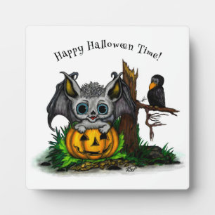 Waiting for Halloween , Cute Bat and Raven Plaque