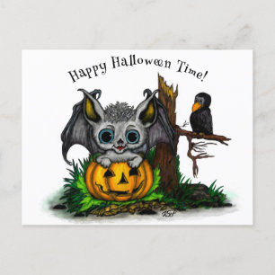 Waiting for Halloween , Cute Bat and Raven Postcard