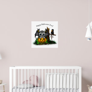 Waiting for Halloween , Cute Bat and Raven Poster