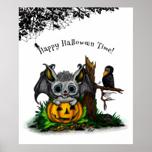 Waiting for Halloween , Cute Bat and Raven Poster