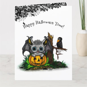 Waiting for Halloween , Cute Bat and Raven Thank You Card