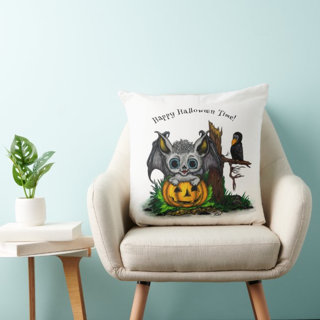 Waiting for Halloween , Cute Bat and Raven Throw Pillow (Chair)