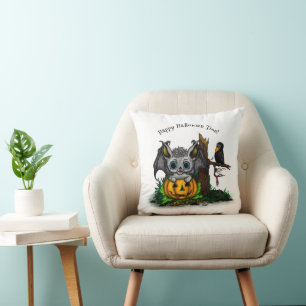 Waiting for Halloween , Cute Bat and Raven Throw Pillow
