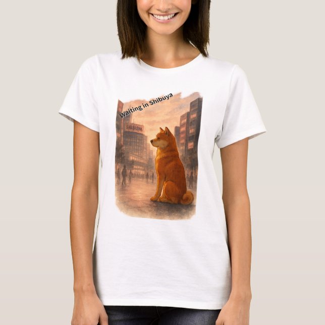 Waiting in Shibuya — Faithful Akita at Sunset T-Shirt (Front)