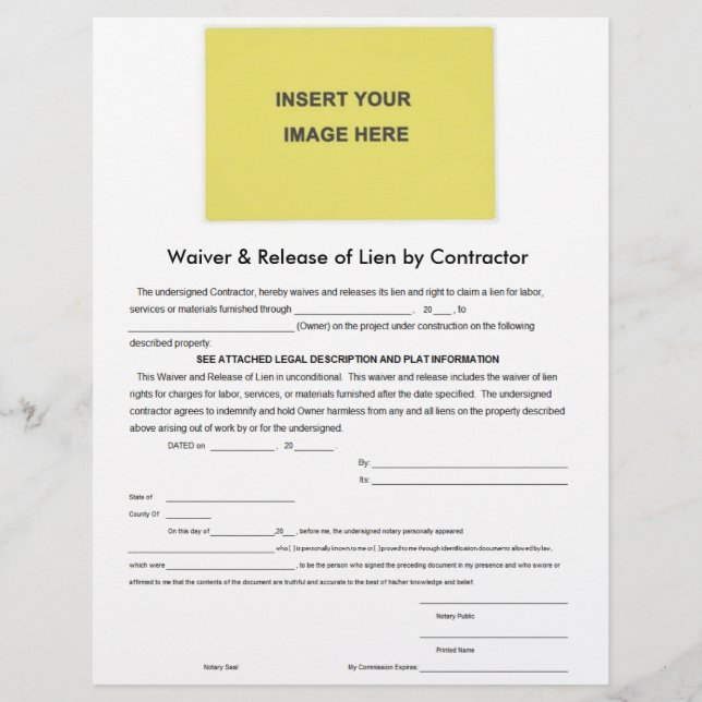 Waiver & Release of Lien by Contractor Form (Front)