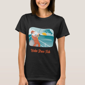Wake Brew Fish - Retro Boat Fishing & Sunrise Lake T-Shirt